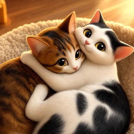 Two cartoon cats hugging